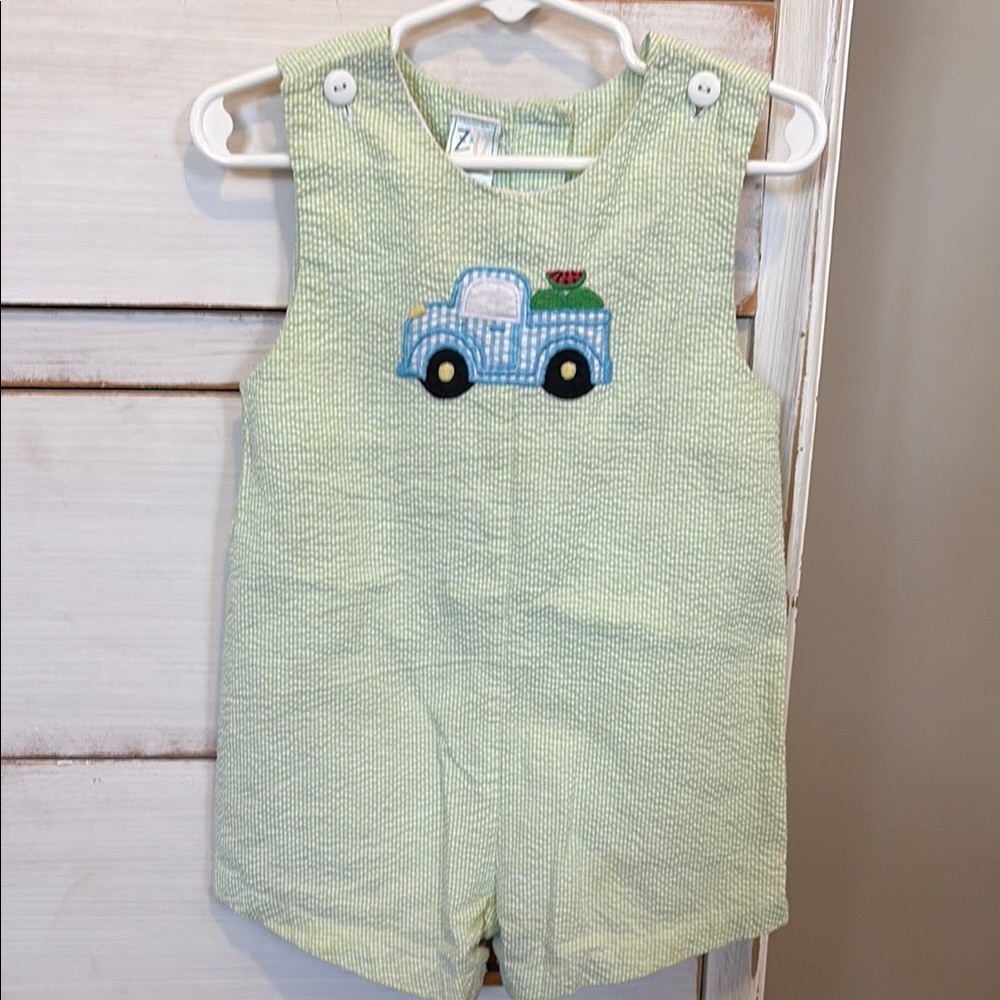 Green seersucker Jon Jon with Blue Truck Design